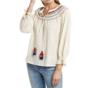 Velvet by Graham & Spencer Trudie Embroidered Smocked Long Sleeve Blouse